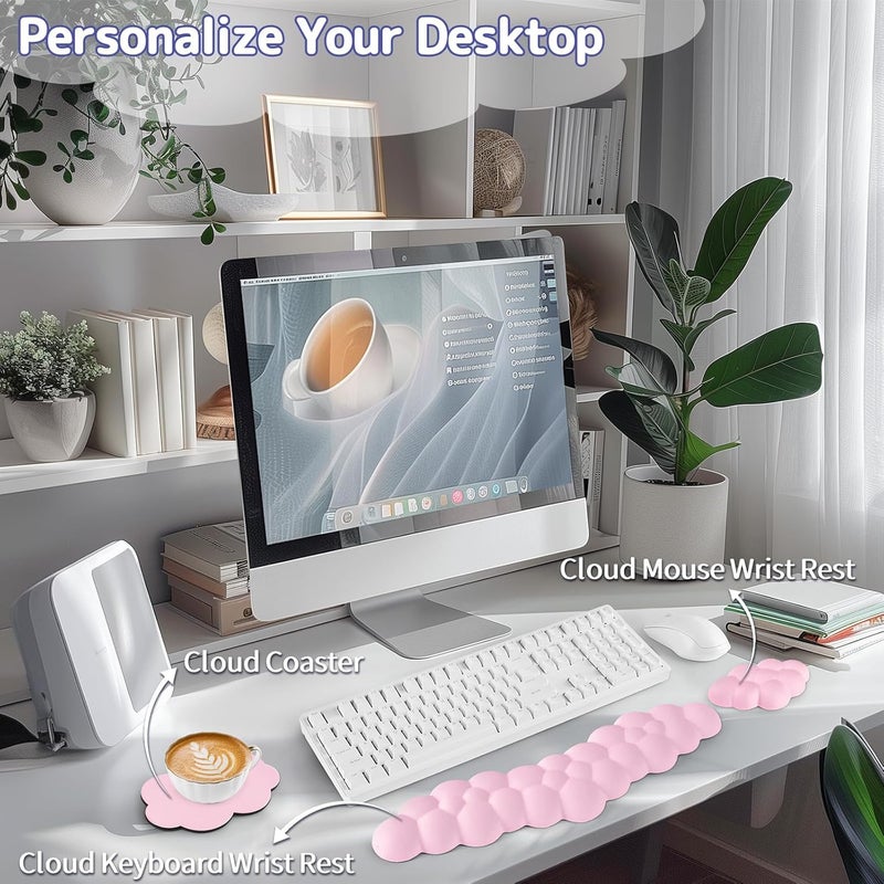 Sushret Cloud Wrist Rest for Keyboard and Mouse, Memory Foam PU Leather Keyboard Wrist Rest with Ergonomic Support, Non-Slip Base, Cute Arm Rest Pad & Palm Cushion, Office Desk Accessory, Pink - Image 2